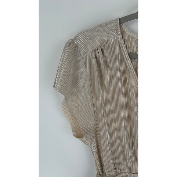 See And Be Seen Metallic Pleat Maxi Dress Womens Small Short Sleeve Gown Gold - Picture 10 of 13